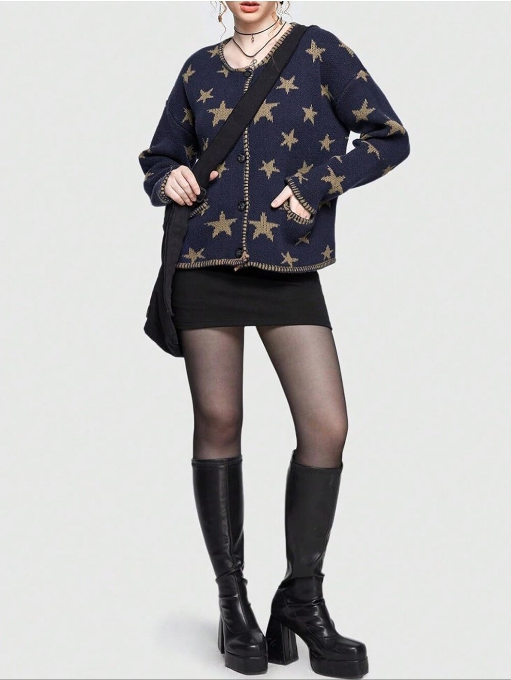 Navy Star-Print Knit Cardigan Jacket - Women's